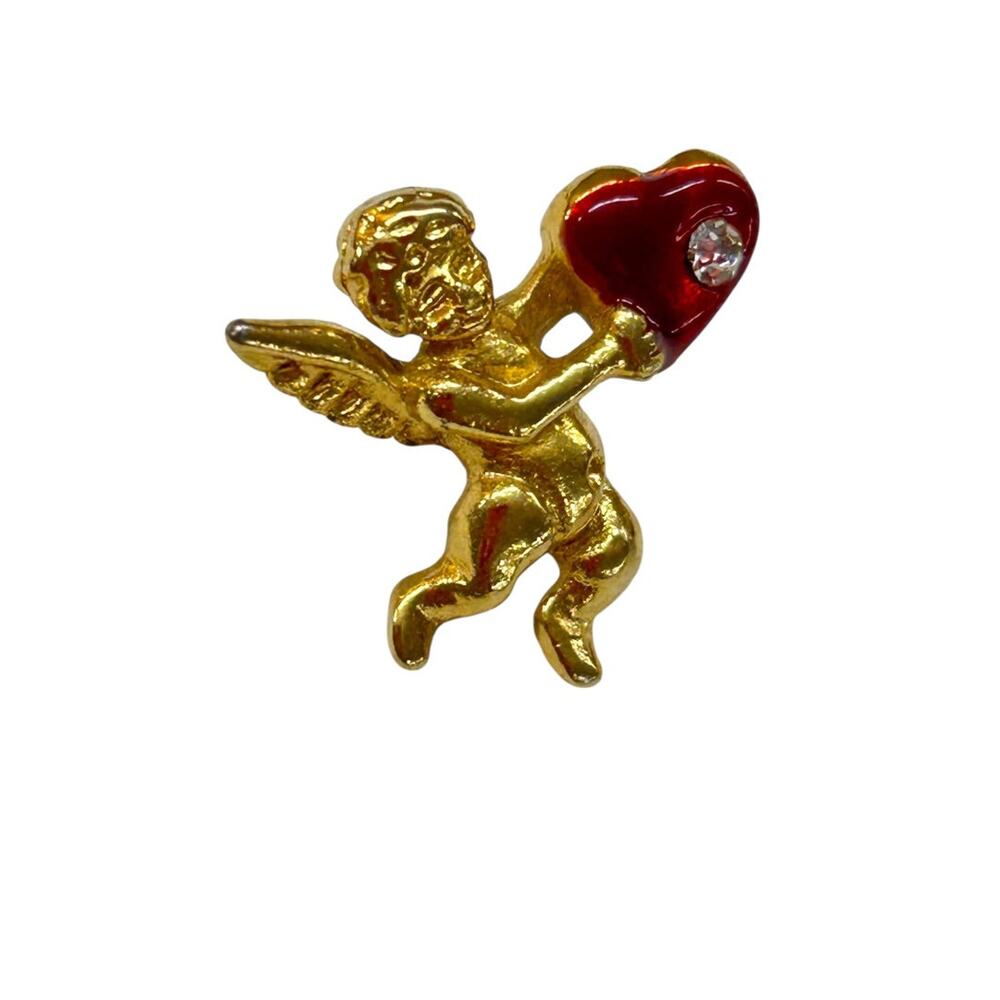 Vintage Goldtone Red Cupid Heart Lapel Pin Small .75 Inch